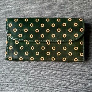 Vintage Handmade Green & Tan Polka Dot Leather Wallet. Pre-owned EUC